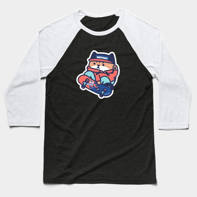 Red and Blue Skater Cat Baseball T-Shirt by meowproject
